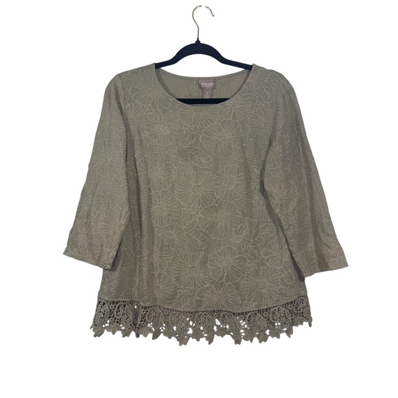 Chico's Floral Embroidered Crochet Trim 3/4 Sleeve Top Size M - Picture 1 of 5